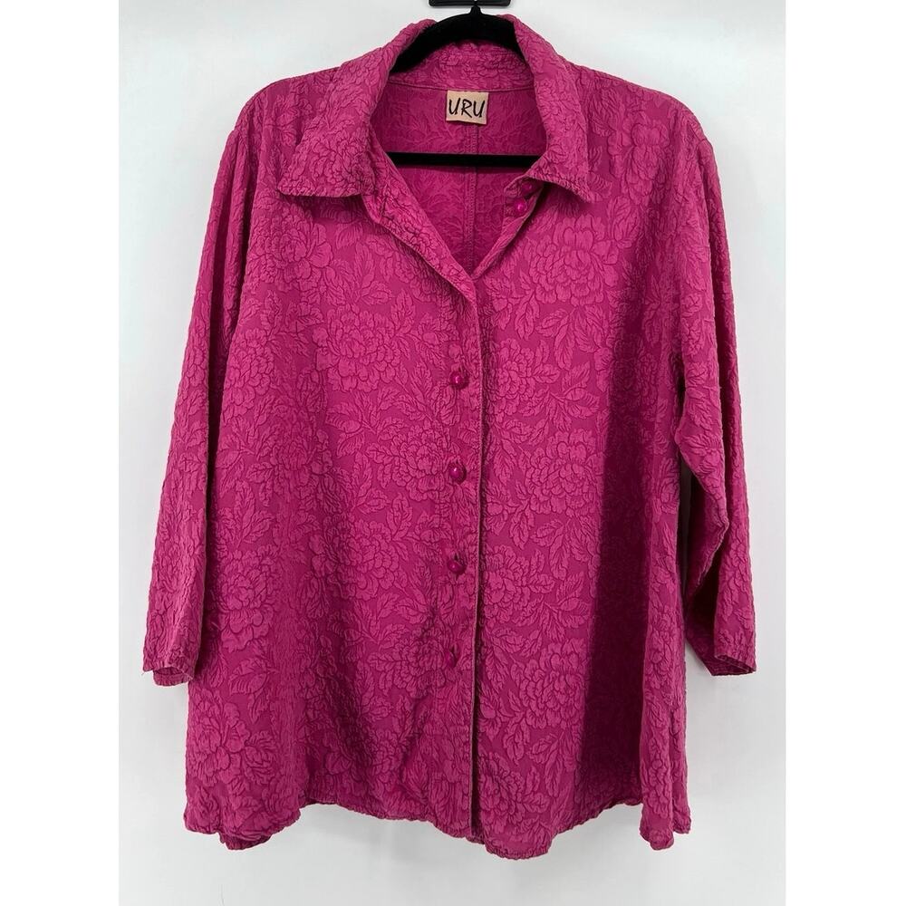 Vintage URU | 100% Silk Boxy Button Down Shirt Pink Floral Women's Size L/XL